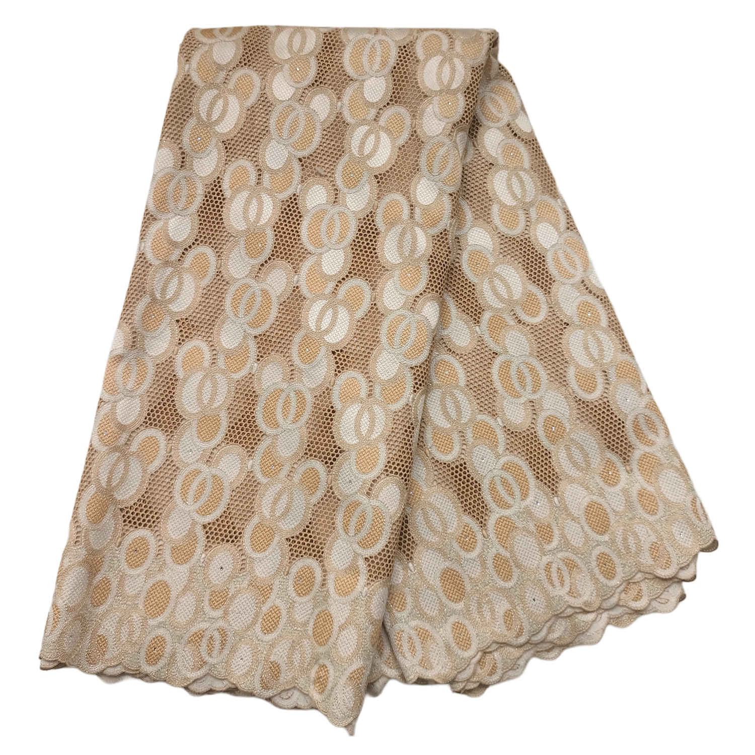 Premium Nude Beige Gold Swiss Voile Lace Fabric with Interlocking Circle Chain Guipure Lattice 5 Yards - Imavug Beige lace fabric with repeating circular interlocking pattern and scalloped edge