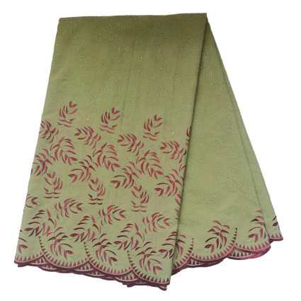 Olive green fabric with red embroidered leaf pattern and scalloped pink-edged border.