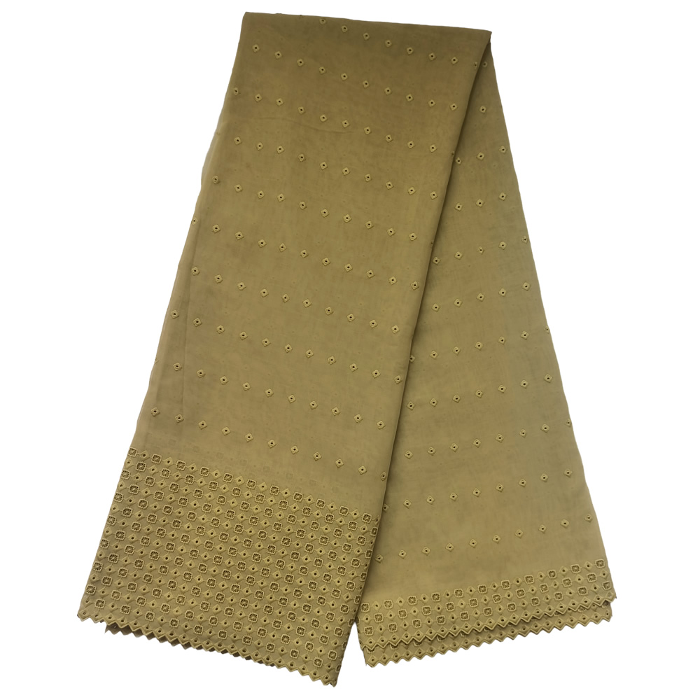Premium Olive Green Swiss Voile Lace Fabric with Minimalist Polka Eyelet Grid Geometric Border Embroidery 5 Yards - Imavug Beige scarf with small eyelet embroidery and a scalloped edge at the bottom.