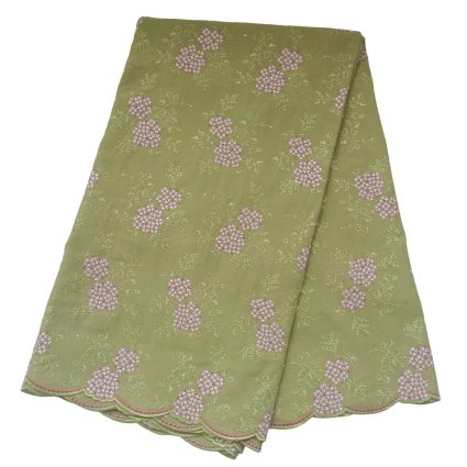 Olive-green fabric folded with pink floral embroidery and a scalloped pink edge.