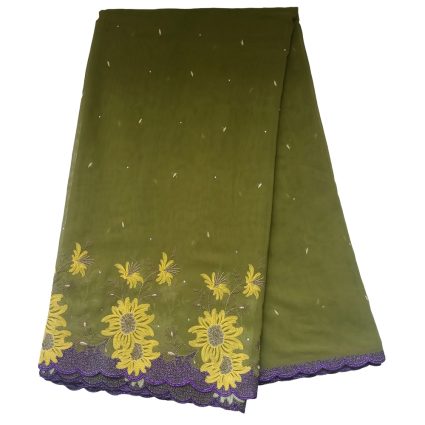 Olive green fabric with yellow sunflower embroidery along the bottom edge and a purple scalloped lace border.