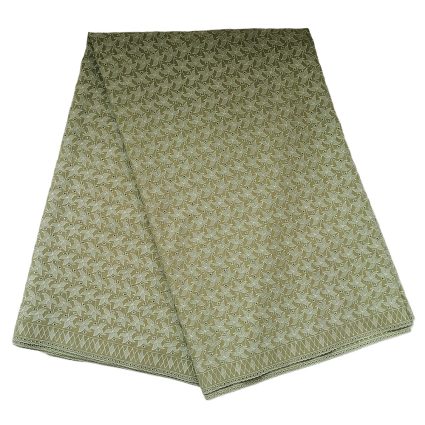 Olive green fabric with a repeating geometric floral pattern and a decorative border, folded.