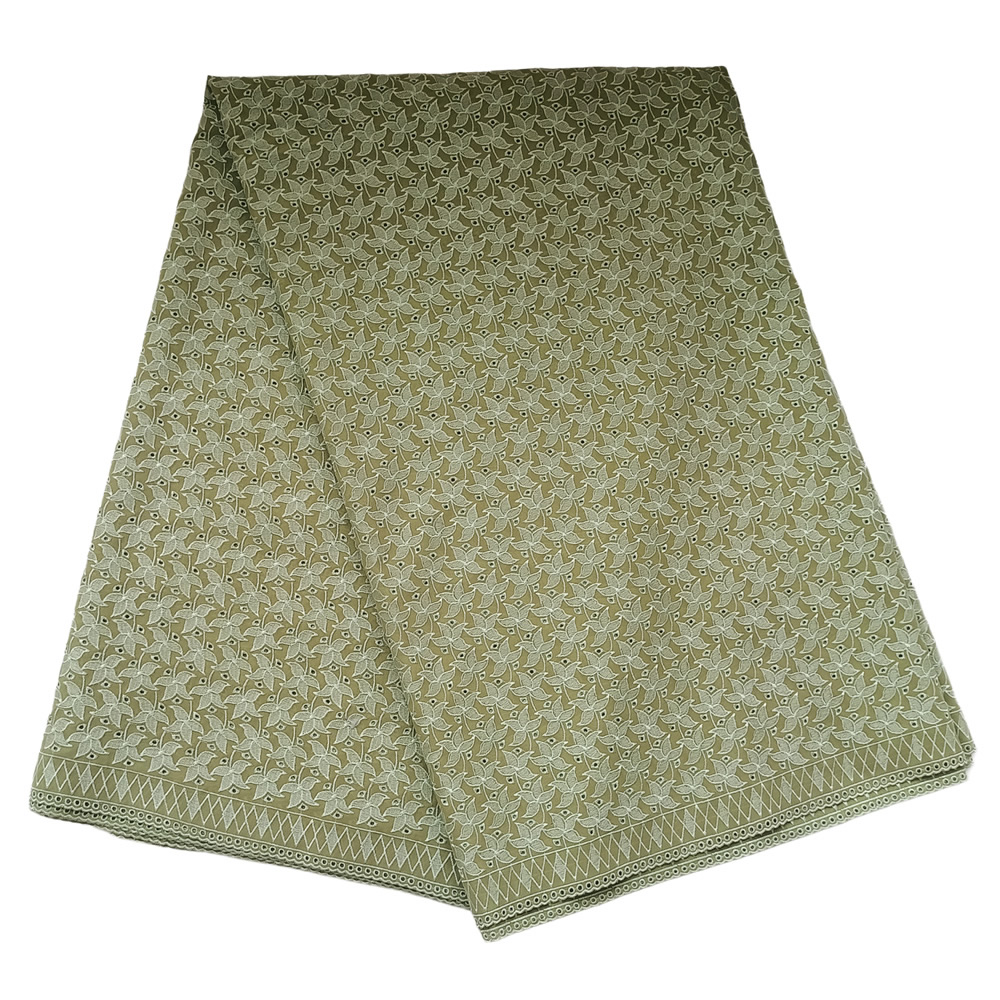 Premium Olive Khaki Swiss Voile Lace Fabric with Four-Petal Floral Starburst Embroidery Lattice Borders 5 Yards - Imavug Olive green fabric with a repeating geometric floral pattern and a decorative border, folded.