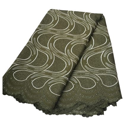 Folded olive-green lace fabric with a decorative circular scalloped edge pattern, showing an intricate repeating design.