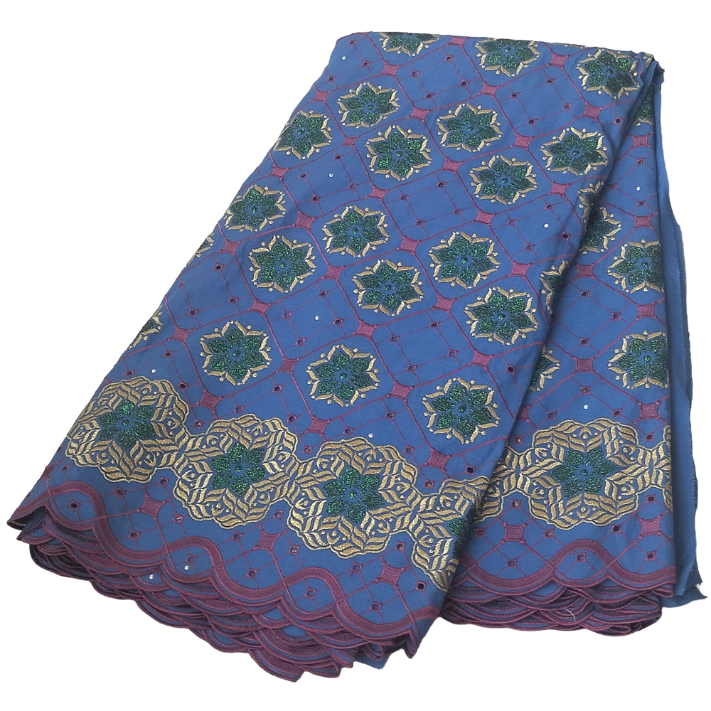 Premium Periwinkle Blue Swiss Voile Lace Fabric with Gold Lattice Emerald Green Glitter Star Medallions 5 Yards - Imavug Blue fabric with gold embroidered floral motifs and pink lattice pattern, scalloped gold border along edge.