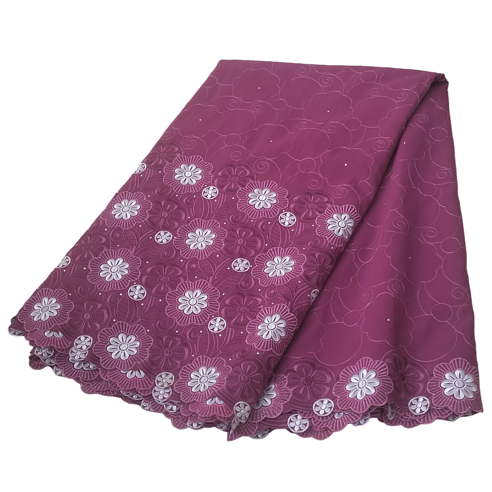 Premium Plum Magenta Swiss Voile Lace Fabric with Lavender-White Floral Border Tonal Cloud Motif Embroidery 5 Yards - Imavug Purple lace fabric with white floral embroidery and scalloped edge, folded neatly.