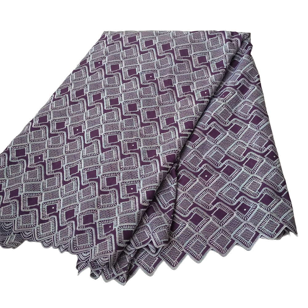 Premium Plum Mauve Swiss Voile Lace Fabric with Geometric Diamond Maze Embroidery 5 Yards - Imavug Folded textile with a repeating purple and white square lattice pattern.