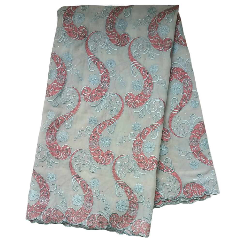 Premium Powder Blue Swiss Voile Lace Fabric with Dusty Rose Paisley Scroll Embroidery Scalloped Borders 5 Yards - Imavug Folded decorative fabric with red paisley swirls and light blue floral motifs on a pale blue background.