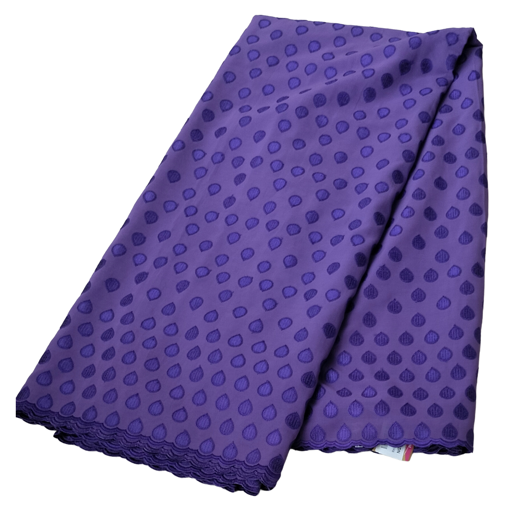 Premium Purple Swiss Voile Fabric with Tone-on-Tone Teardrop Polka Dot Embroidery 5 Yards - Imavug Purple scarf with dark purple polka dots, folded to show scalloped lace edge at the bottom.
