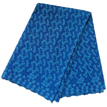 Blue lace fabric with circular and square geometric patterns, folded for display.