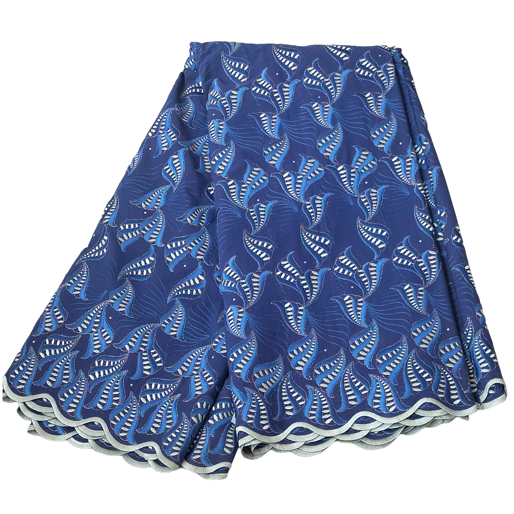 Premium Royal Blue Swiss Voile Lace Fabric with Ice Blue Winged Leaf Embroidery Stone Accents 5 Yards - Imavug Blue fabric with repeating white leaf-patterns and a scalloped, light-gray border; appears as a folded textile swatch.