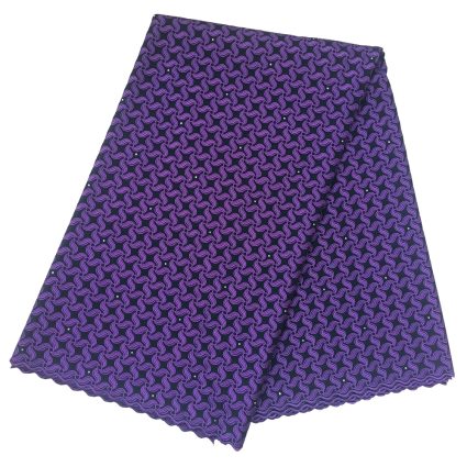Folded purple fabric with a repeating purple geometric pattern in a wavy design, laid flat on a white background.