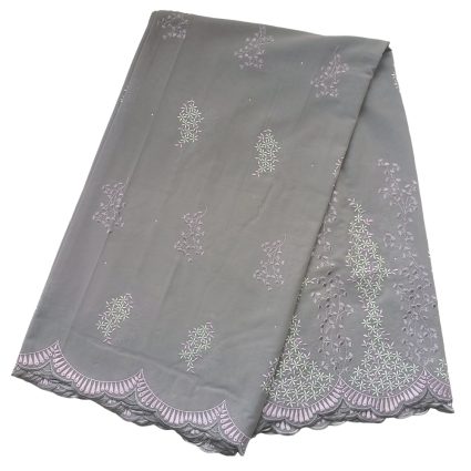 Folded gray fabric panel with delicate pink and white floral embroidery and a scalloped pink border.