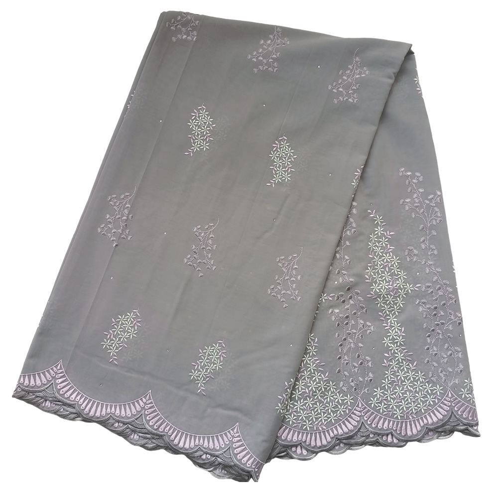 Premium Slate Grey Swiss Voile Lace Fabric with Pastel Pink Mint Floral Sprig Embroidery Scalloped Borders 5 Yards - Imavug Folded gray fabric panel with delicate pink and white floral embroidery and a scalloped pink border.