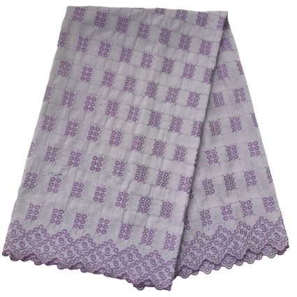 Light purple lace fabric folded, featuring a square pattern with purple embroidery and a scalloped circular border edge