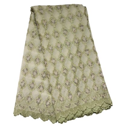 Olive-green lace fabric with embroidered floral motifs and a scalloped edge.