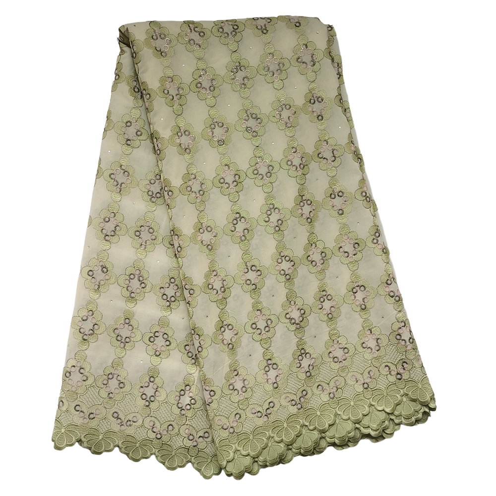 Premium Soft Sage Green Swiss Voile Lace Fabric with Quatrefoil Geometric Lattice Floral Scalloped Borders 5 Yards - Imavug Olive-green lace fabric with embroidered floral motifs and a scalloped edge.