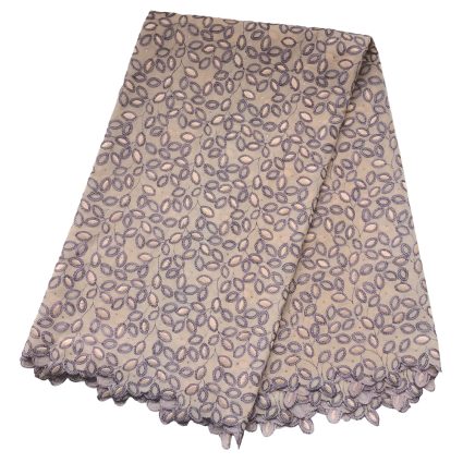 Beige fabric with lilac circular loop embroidery, folded to show a scalloped edge.