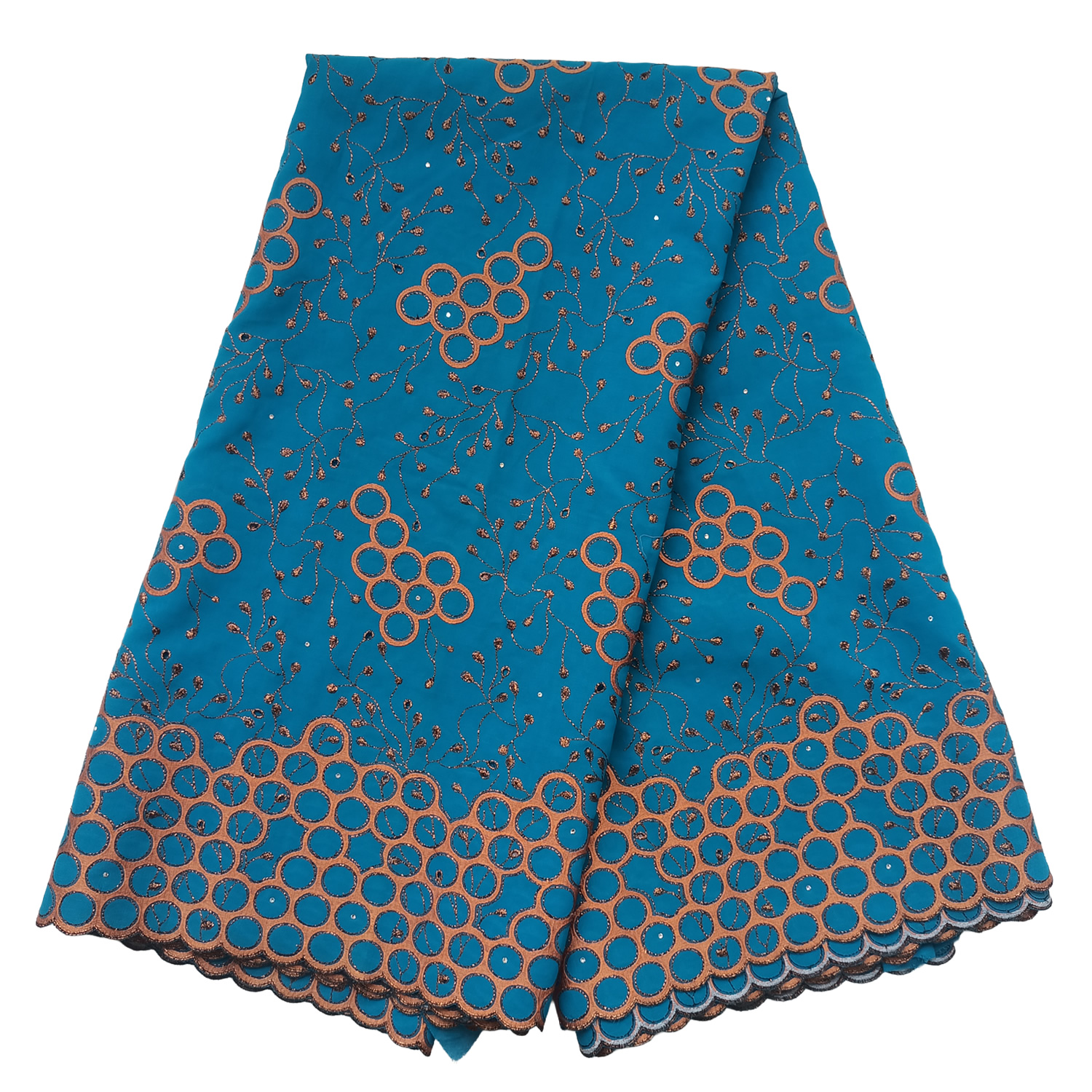 Premium Teal Blue Swiss Voile Lace Fabric with Copper Bronze Circular Cluster Branch Vine Embroidery 5 Yards - Imavug Teal skirt with orange circular embroidery and vine motifs, scalloped hem edging.