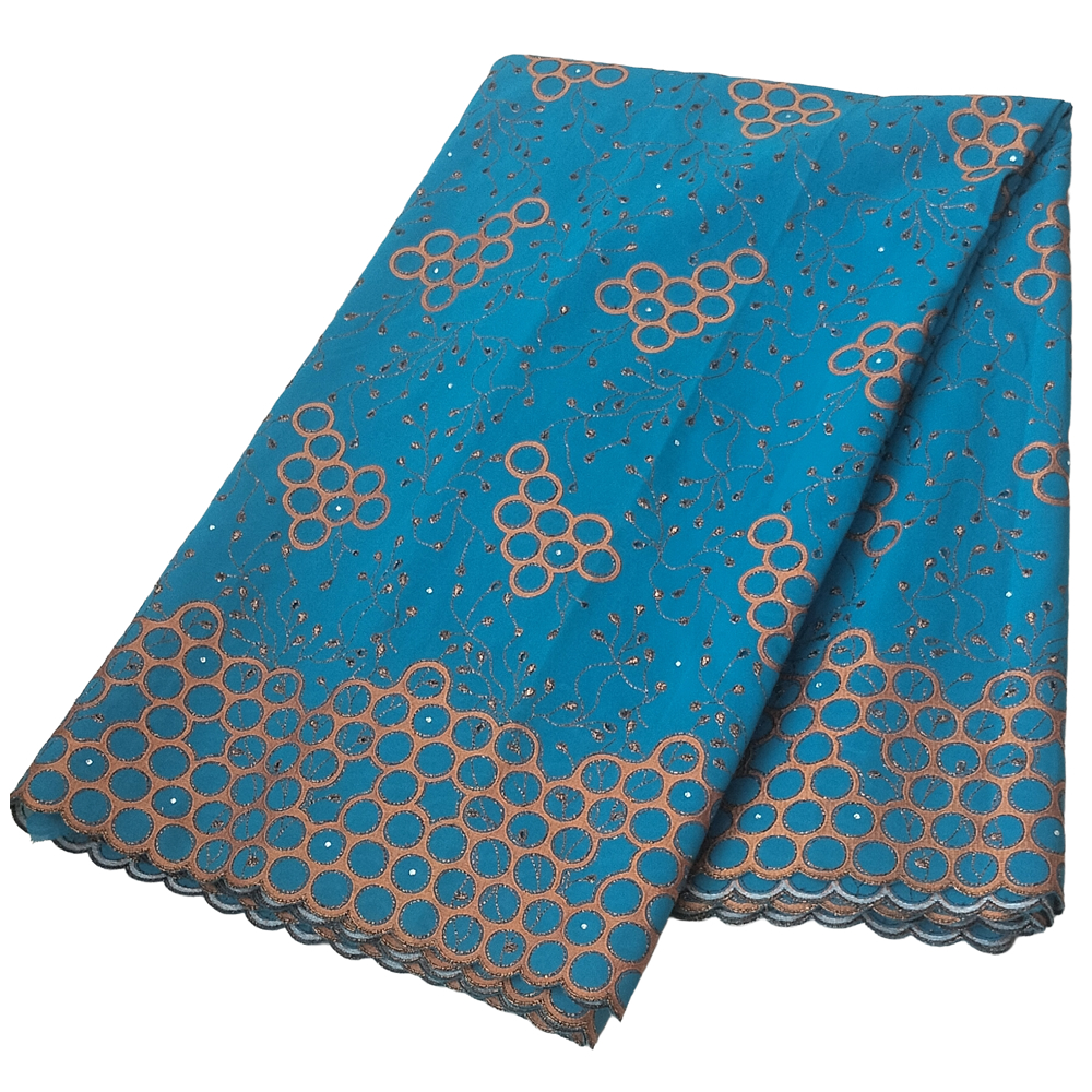 Premium Turquoise Blue Swiss Voile Lace Fabric with Bronze Circular Bubble Clusters Vine Embroidery 5 Yards - Imavug Turquoise fabric with copper circular lace pattern and a scalloped copper-trimmed edge, folded neatly.