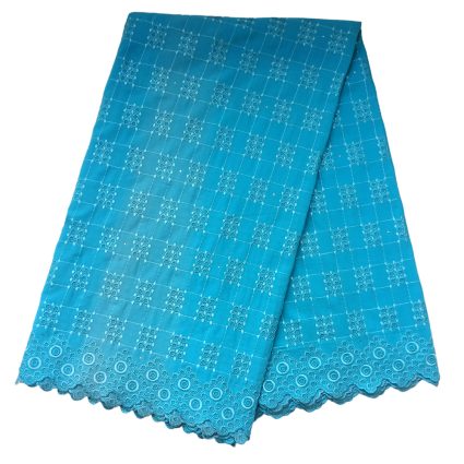 Turquoise lace fabric with floral embroidery and scalloped circular border along the edge.