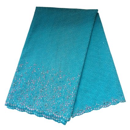 Teal lace scarf with small pink flower embroidery along the scalloped edge.
