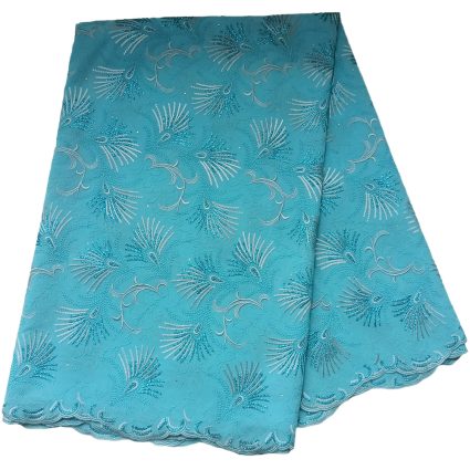 Turquoise lace fabric with silver-embellished feather-like embroidery and scalloped edge