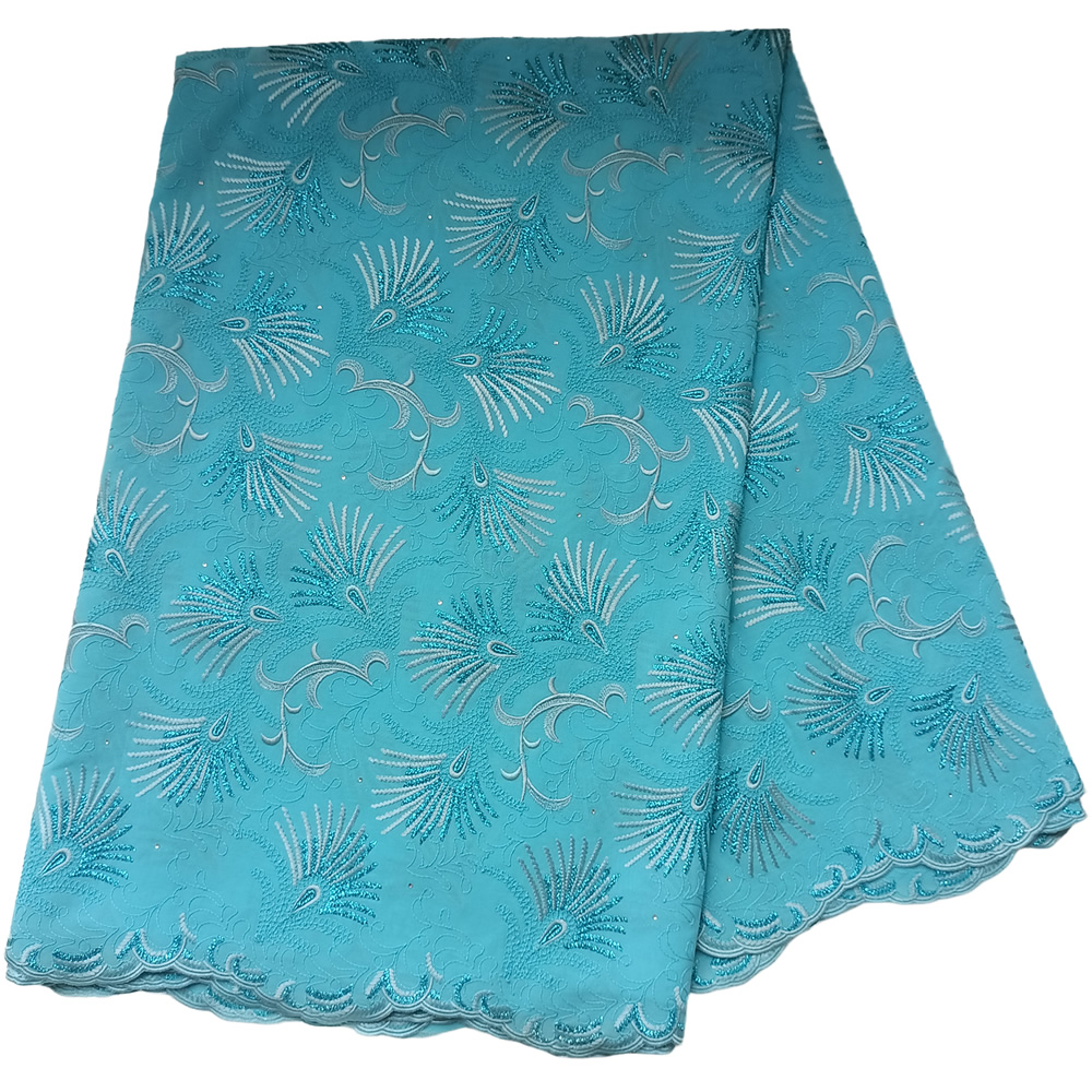 Premium Turquoise Blue Swiss Voile Lace Fabric with White Glittering Aqua Fan Burst Embroidery 5 Yards - Imavug Turquoise lace fabric with silver-embellished feather-like embroidery and scalloped edge