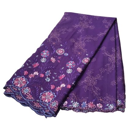 Purple scarf with pink, blue, and light purple floral embroidery along a scalloped edge.