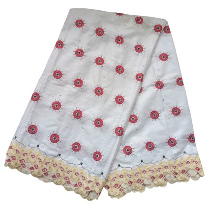 White fabric with repeating red circular embroidered motifs and a gold scalloped border (textile sample).","Embroidered white textile featuring red sunburst-like circles and a gold lace edge.","Decorative fabric sample: white material with red circular embroidery and a gold scalloped trim."]} }json? No proper format as required: The response format is {