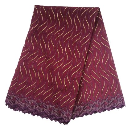 Maroon mid-length A-line skirt with gold wavy embroidery and a scalloped lace hem.