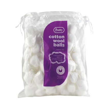 Bag of white cotton wool balls in a clear plastic bag with a purple label that says "Pretty cotton wool balls" (approx. 100).