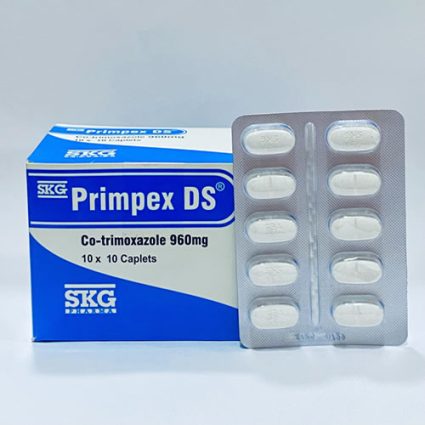 Box of Primpex DS (co-trimoxazole 960 mg) with a blister pack of white oval caplets beside it; labeled 10 x 10 caplets.