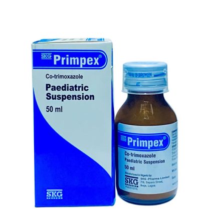 Box and bottle of Primpex Paediatric Suspension (co-trimoxazole), 50 ml.