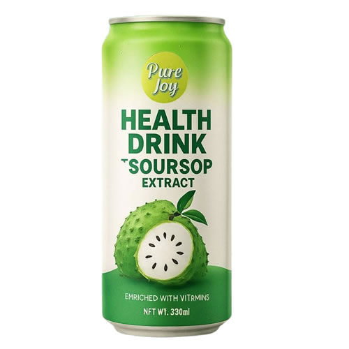 Pure Joy Health Drink Soursop Extract 100ml - Imavug Canned health drink with a green and white label reading 'Pure Joy Health Drink Soursop Extract' and an image of a soursop fruit on the can's lower half (330 ml).