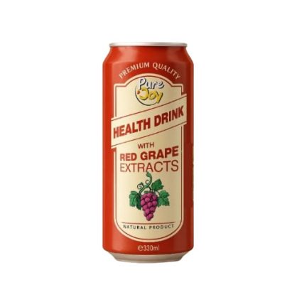 Can of Pure Joy Health Drink with red grape extracts; red label and grape illustration, 330 ml.