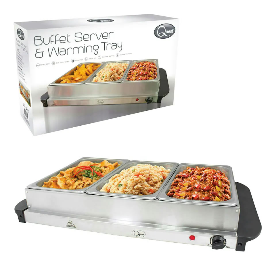 Quest 16510 Large Buffet Server and Warming Tray 1 - Imavug Boxed buffet server and warming tray with three stainless pans filled with food (pasta, rice, and chili) on a silver base.