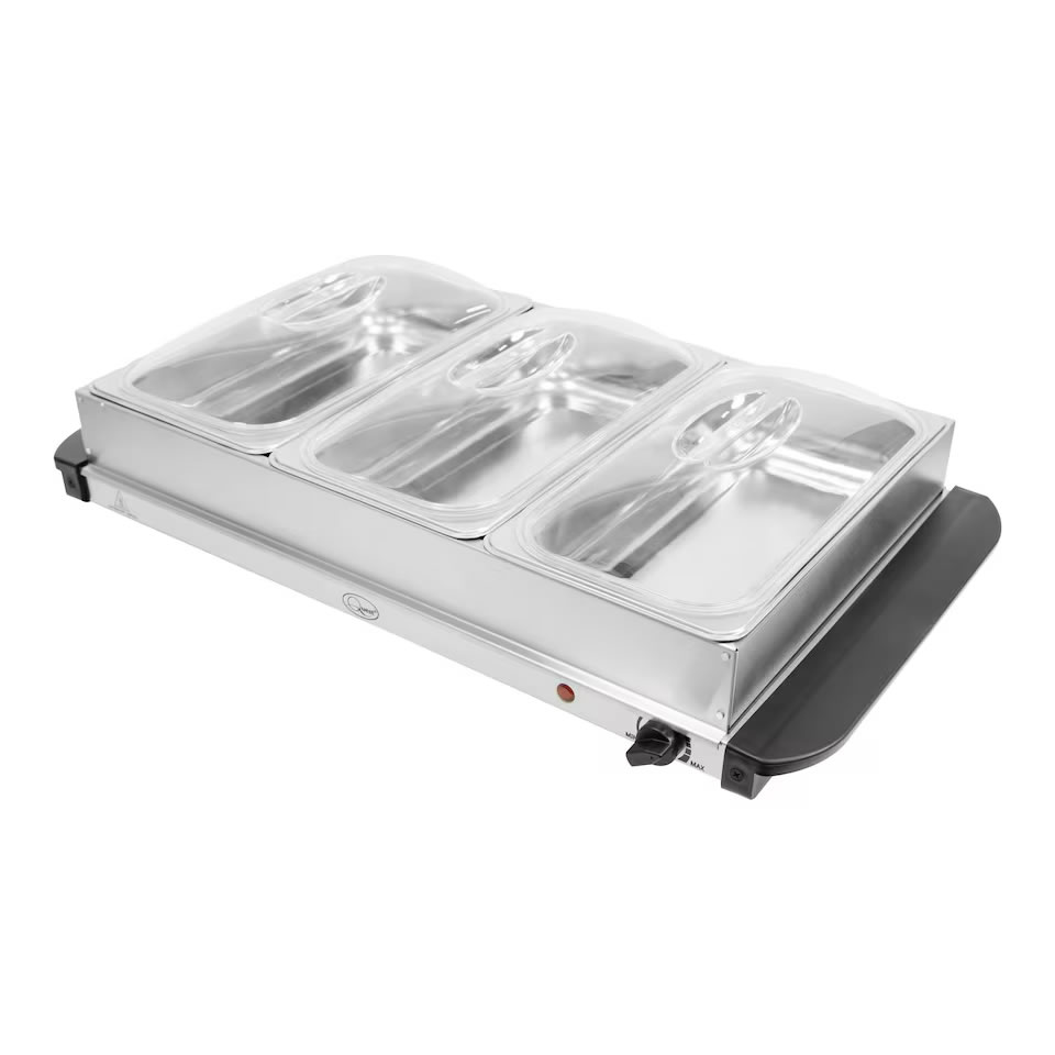 Quest 16510 Large Buffet Server and Warming Tray 2 - Imavug Stainless steel triple food warmer with three chafing dish inserts and a black base, designed for buffet service and keeping food warm (no lids shown).
