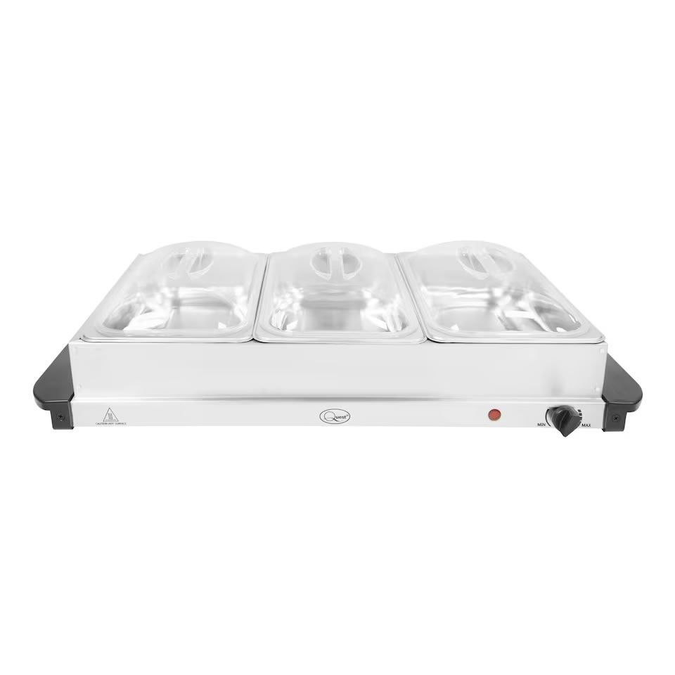 Quest 16510 Large Buffet Server and Warming Tray 4 - Imavug Electric three-well food warmer with removable stainless steel trays and a right-side control knob