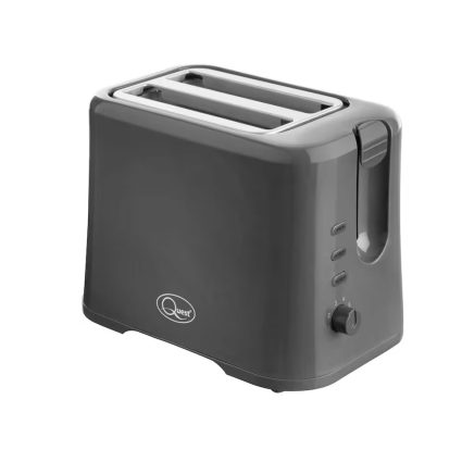Gray two-slice toaster with a side lever, buttons for settings, and a dial on the front