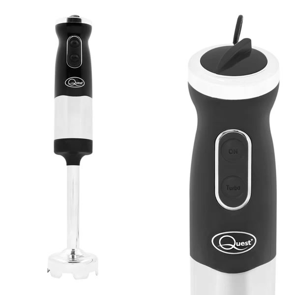 Quest 3-in-1 Stick Blender 700W - Black 2 - Imavug Quest handheld immersion blender with black-and-white handle and stainless blending shaft attached.