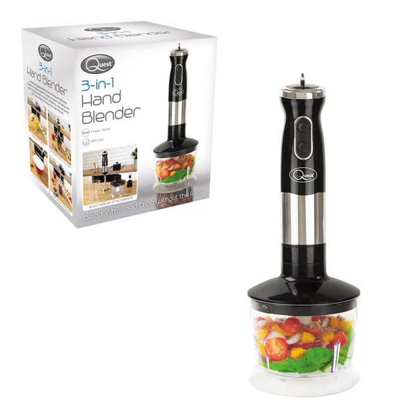 Quest 3-in-1 Stick Blender 700W - Black 4 - Imavug 3-in-1 hand blender with stainless steel shaft and black handle, attached to a clear chopping bowl with vegetables; boxed packaging in background