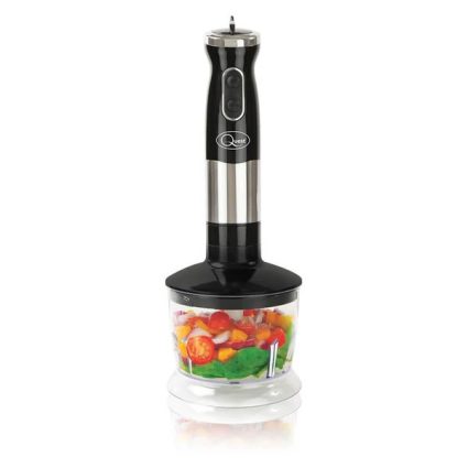 Hand blender with a chopper attachment filled with chopped colorful vegetables in a clear container.