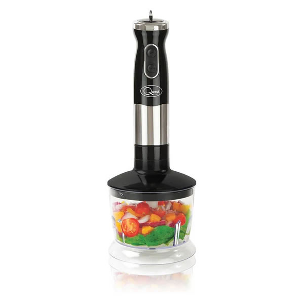 Quest 3-in-1 Stick Blender 700W - Black - Imavug Hand blender with a chopper attachment filled with chopped colorful vegetables in a clear container.