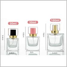 Comparison of three perfume bottles with volumes 30ml, 50ml, and 100ml, showing different cap colors (black, pink, gold) and increasing bottle sizes.