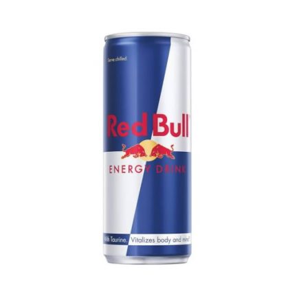 Red Bull energy drink can in blue-silver design with the logo and two charging bulls visible