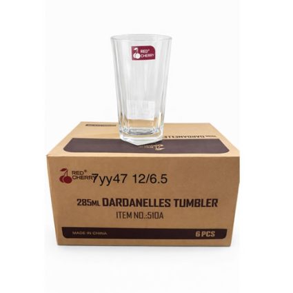 Clear 285 mL Dardanelles tumbler resting on a brown Red Cherry box (Made in China), item no. 510A, 6 pcs.
