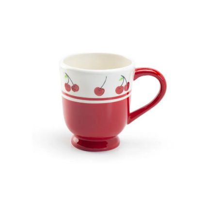 Red ceramic mug with a cherry pattern and white top band, shown empty on a white background.",