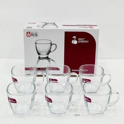 Six clear glass mugs with handles arranged in front of a white box labeled Red Cherry, a six-piece set.