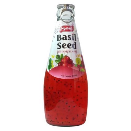 Glass bottle containing Basil Seed Red Grape flavor drink; red liquid with black basil seeds visible through the bottle, label reads Basil Seed.